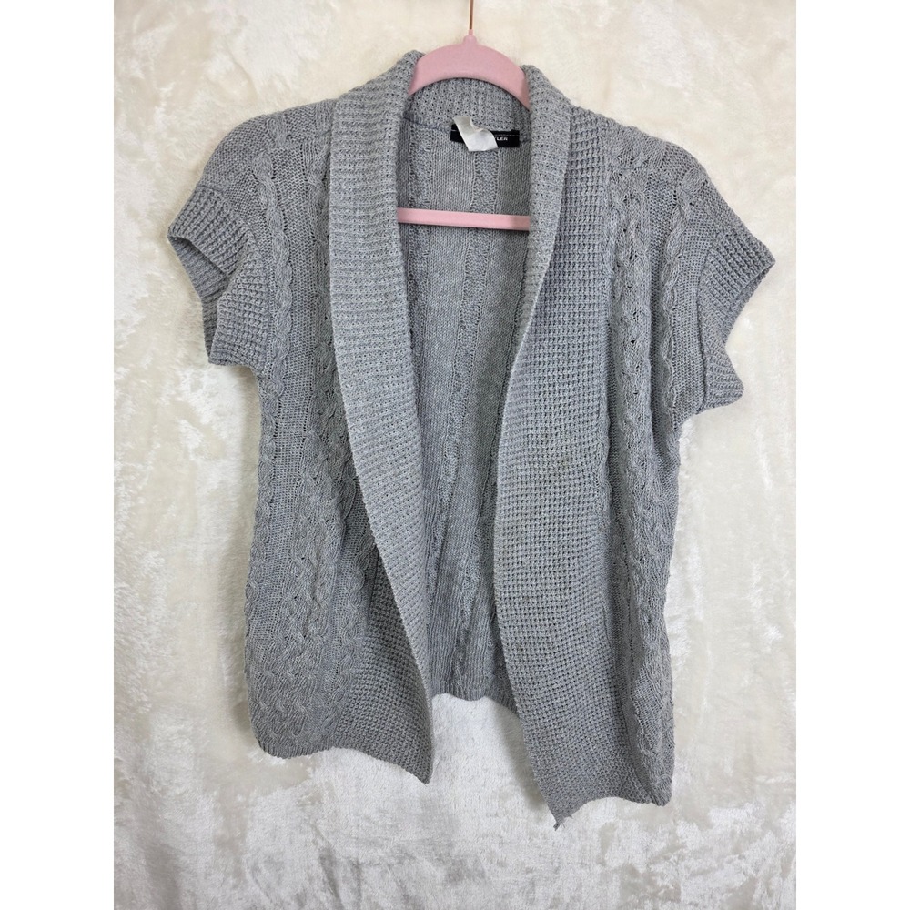 Sydney Tyler Womens Gray Short Sleeve Cable Knit Open Front Cardigan‎ Sweater L